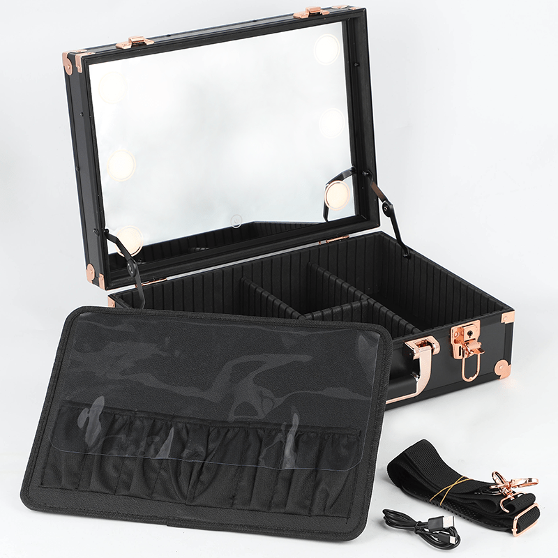 GloAnywhere product image featuring LED lights case, makeup brush holder and accessories